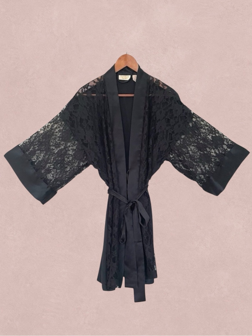 Vintage Victoria’s Secret Gold Label Kimono Robe Satin Lace Black One Size